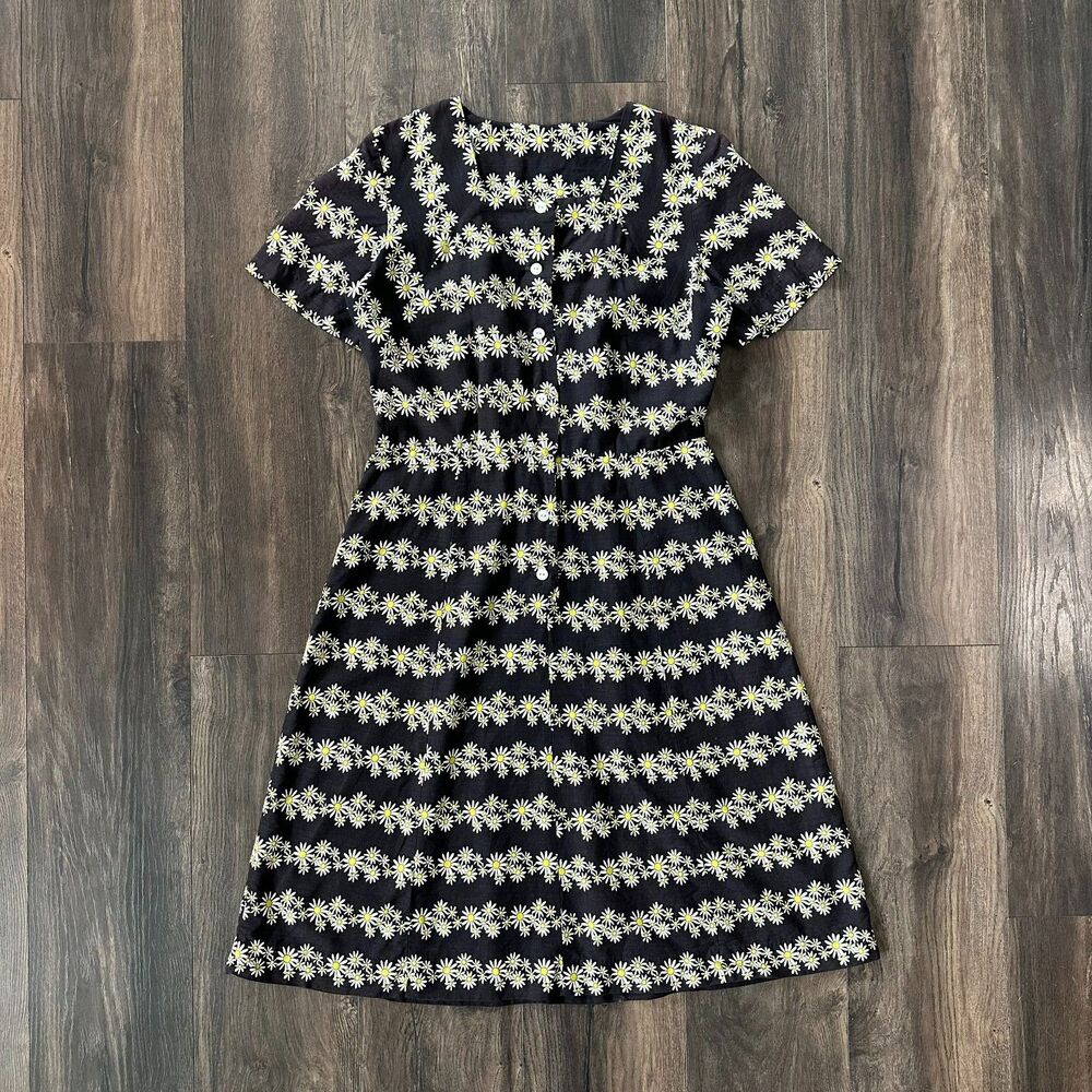 Vintage 1970's Better Half Dress Daisy Print Button Up Black Retro A-Line Size M